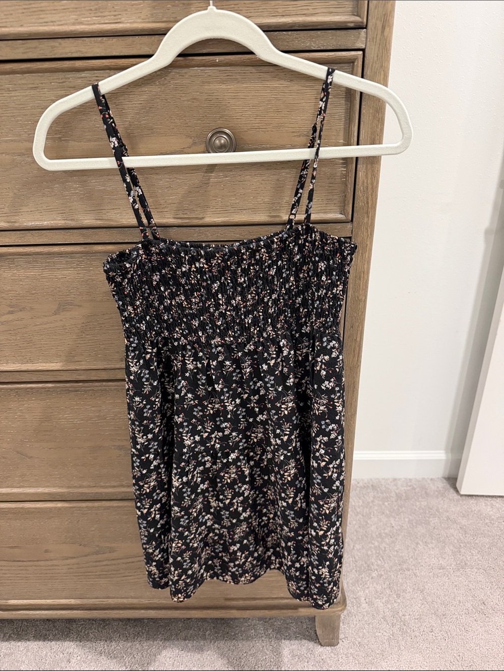Smocked Black Floral Mini Dress with Spaghetti Straps